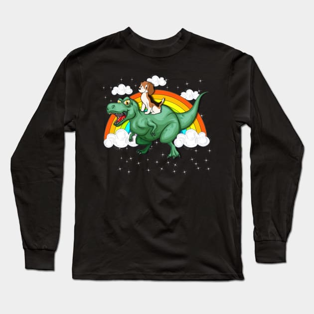 T Rex Dinosaur Riding Beagles Dog Long Sleeve T-Shirt by LaurieAndrew